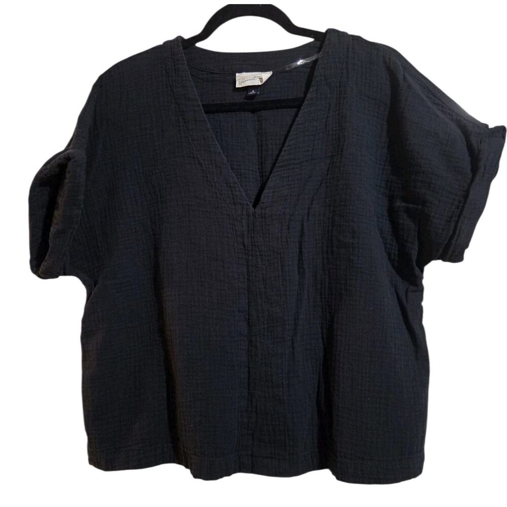 Universal Thread Top Womens XL Black Short Sleeve Lightweight Crinkle Gauze Boxy